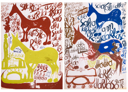 Due grandi cavalli giallo e bruno - Grande cavallo blu e bruno - Carlo Zinelli - 1967